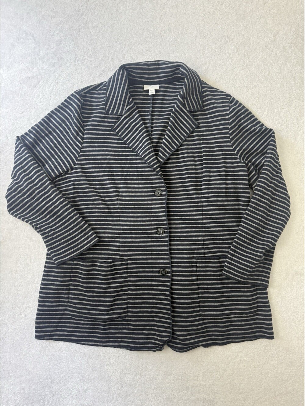 J Jill Cotton Blazer Button Front Long Sleeve Jacket Navy Gray Striped Size 2X